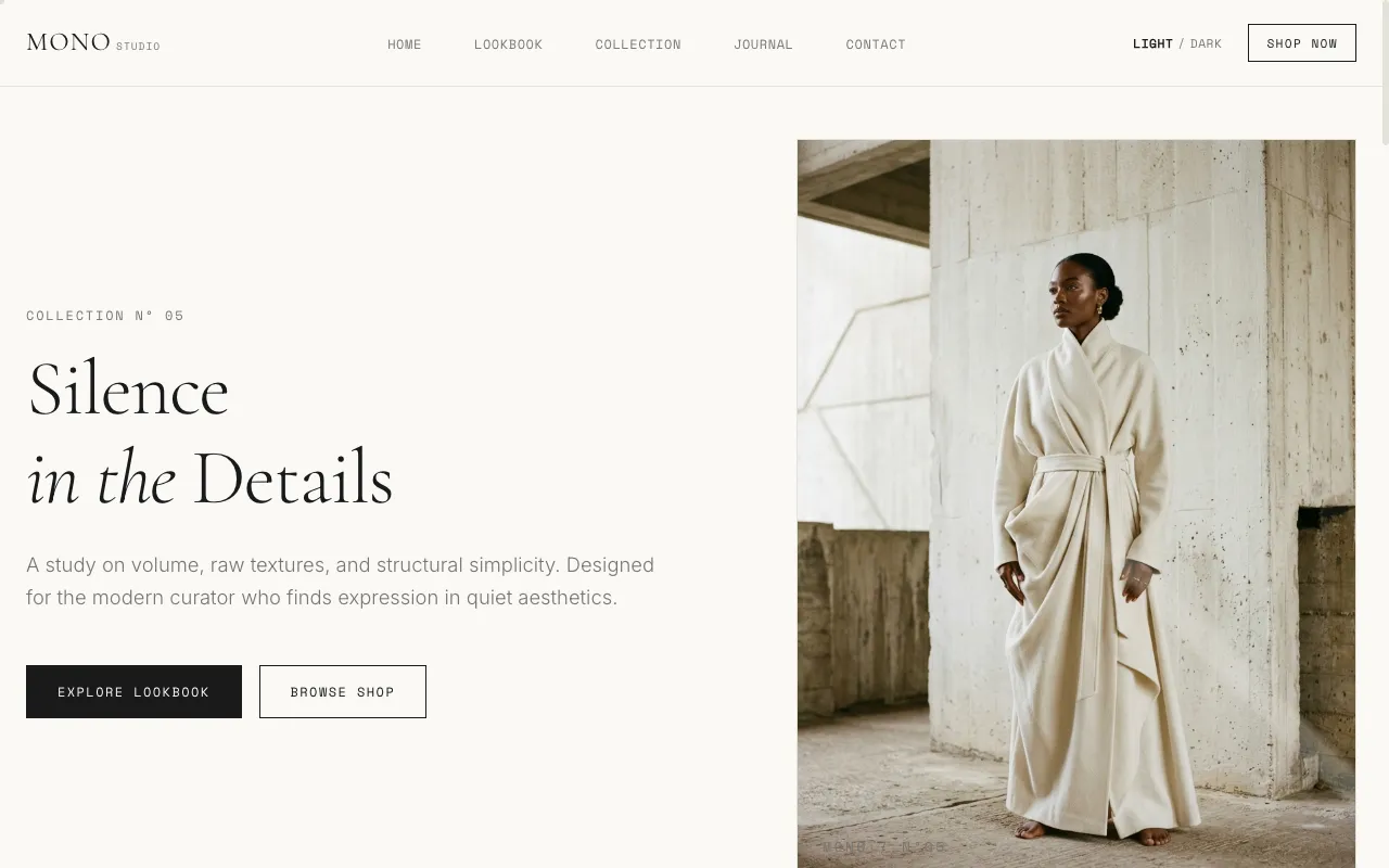 Mono-Template: Fashion-Lookbook mit Serifen-Typografie und horizontalem Scroll