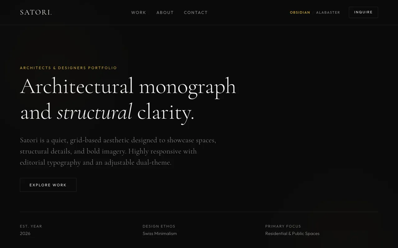Satori-Template: dunkles Architektur-Portfolio mit editorialer Serifen-Typografie